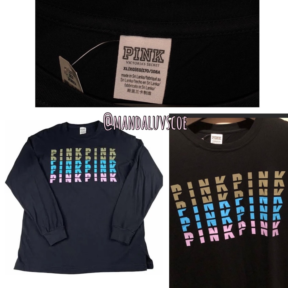 💗VS PINK BLACK MULTI COLOR LOGO LONG SLEEVE CAMPUS TEE